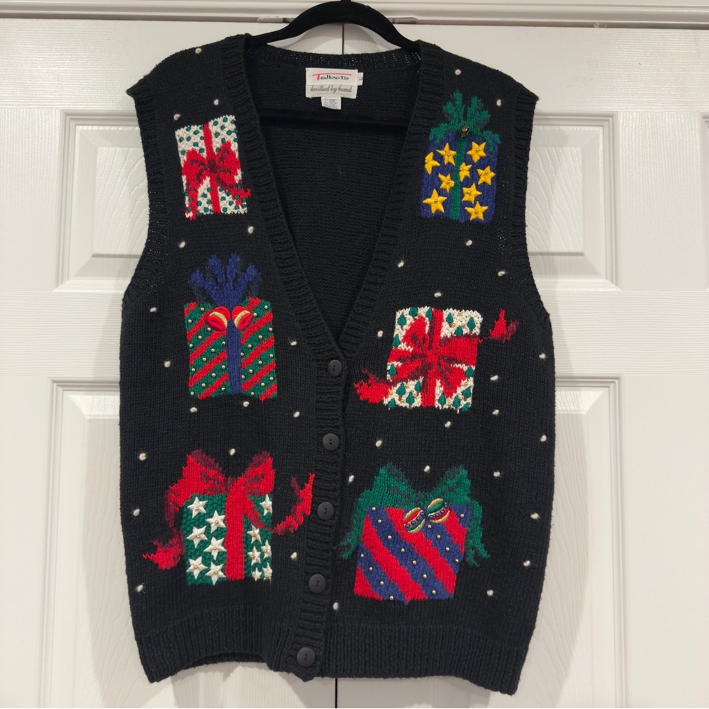 VTG Talbots Ramie Christmas Ugly Sweater Vest Hand Knitted Women Size L 3D